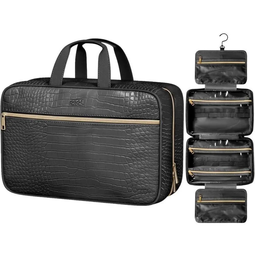 Leather Hanging Toiletry Bag for Men Women Spacious Toiletry Travel Bag Black